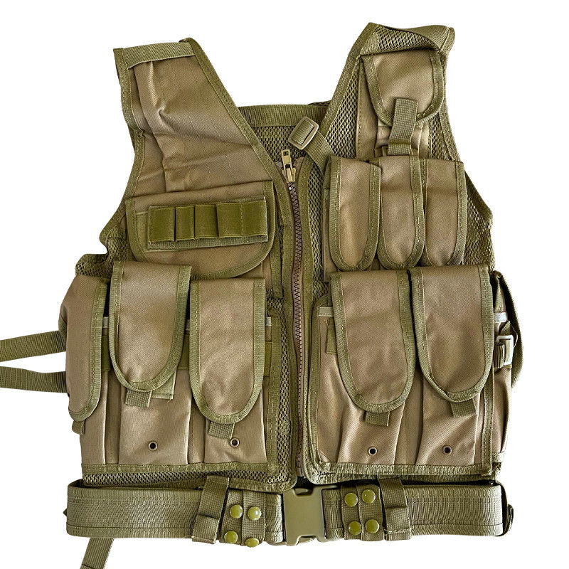 Vestido de protección multifuncional de color kaki/tano con bolsas múltiples y revestimiento de malla de 1,6 kg